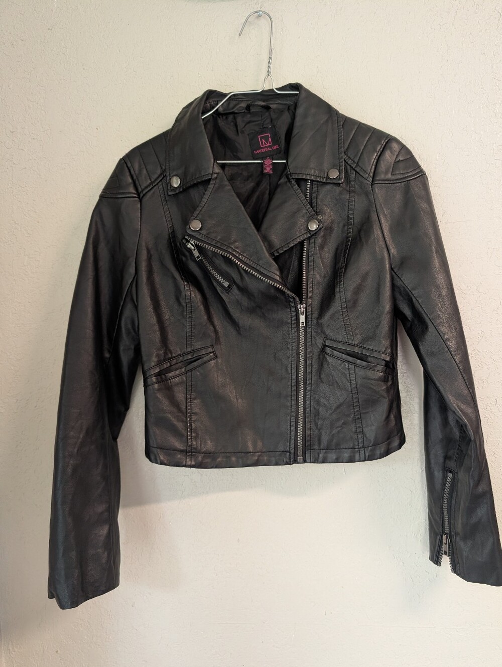 Faux Leather Moto Jacket M Black Biker Grunge Festival Zip Collar Indie Sleaze